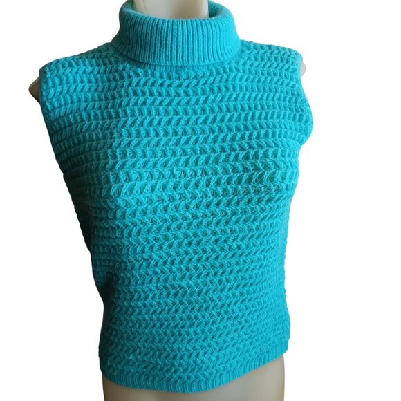 Medium Vintage Sleeveless Turtleneck Sweater 1960's Bulky Lansing Turquoise Mod - Picture 2 of 7
